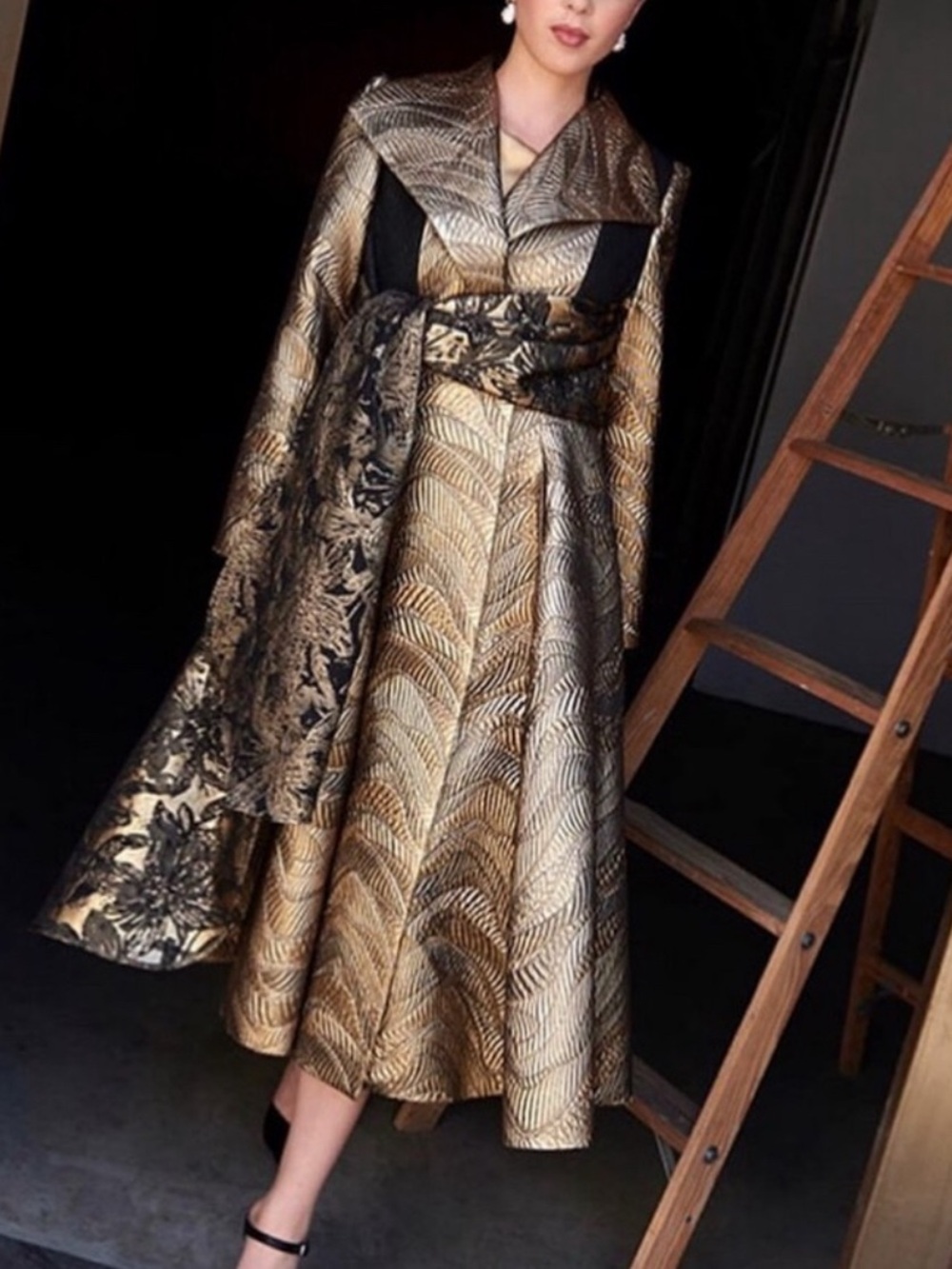 Making the cut Elegant Gold Brocade A-Line Dress with Draped Sash